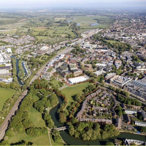 Aerial view of the Oxpens proposals in their city centre context.